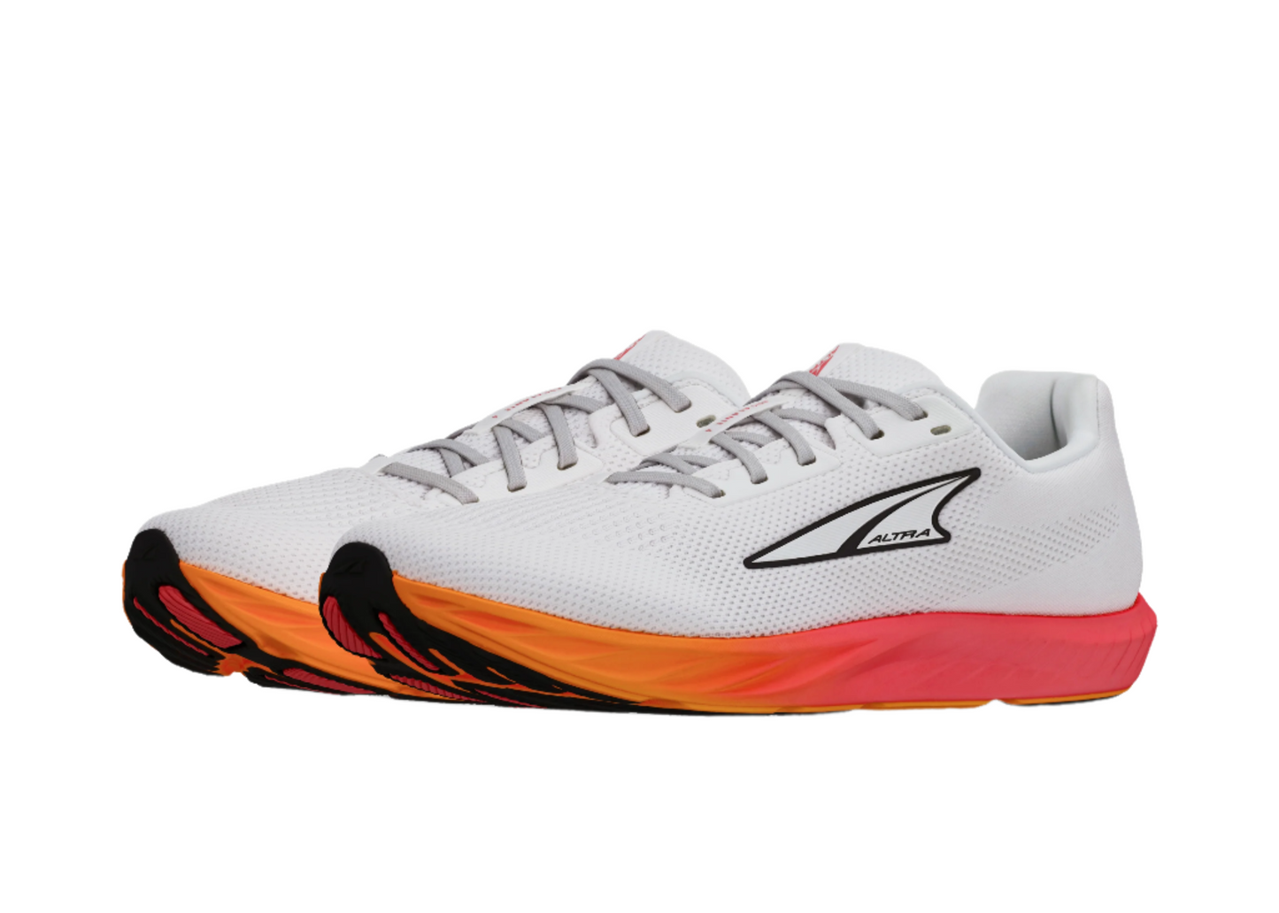 White running shoe with orange and red sole on a white background