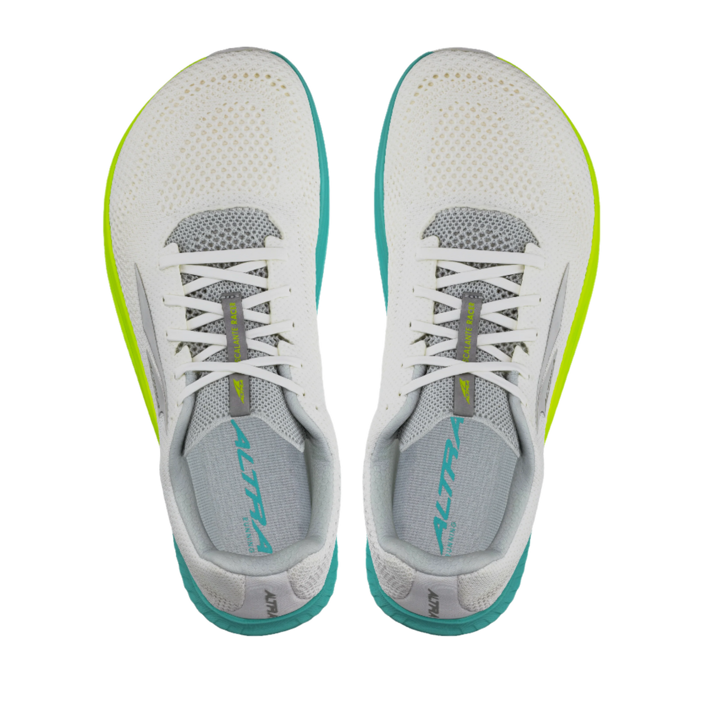 White running shoes with teal accents and 'Altra' branding on a white background